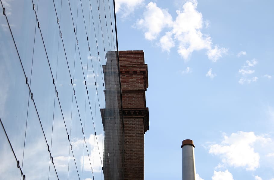 chimney, smokestack, factory, city, city landscape, glass, reflects, HD wallpaper