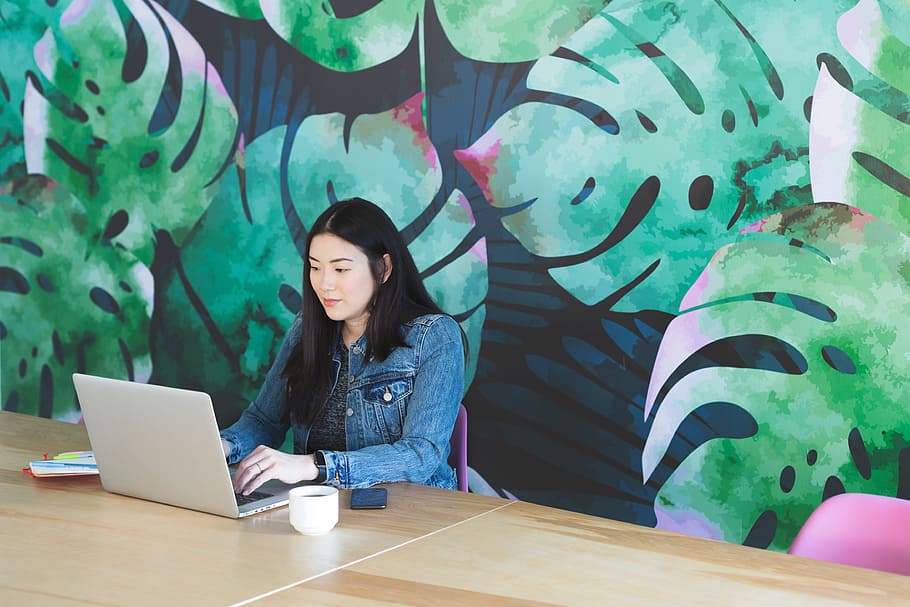 Leaf Wall Office Space Photo, Coffee, Women, Business, Laptop