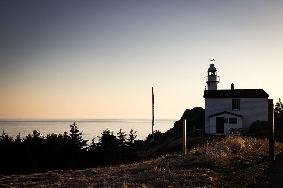 newfoundland, lighthouse, canada, sunset, silhouette, calm HD wallpaper