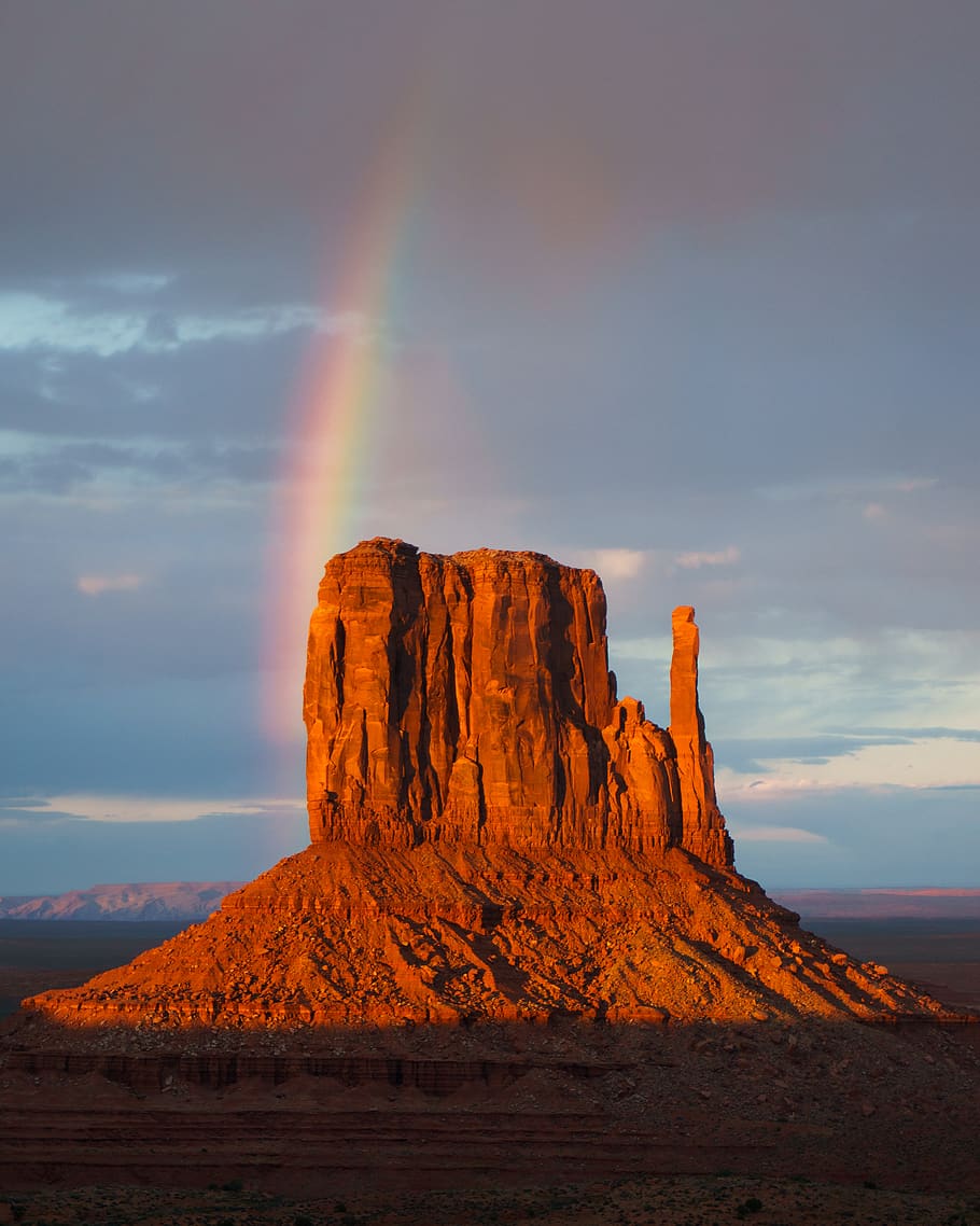 Rainbow over rock formation during daytime, sky, beauty in nature HD wallpaper