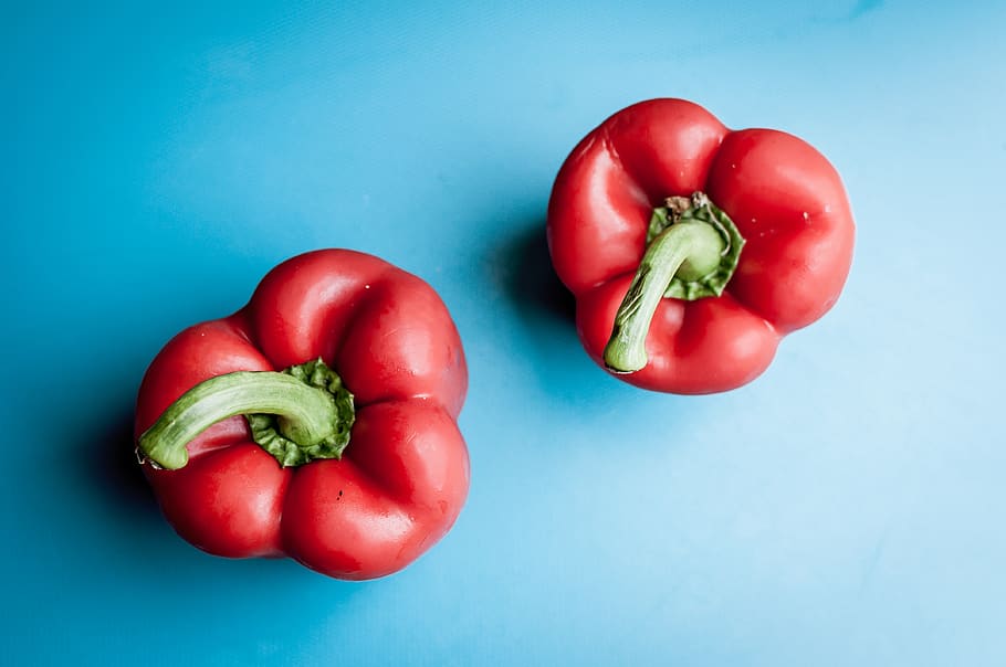 two red bell peppers, food and drink, healthy eating, freshness HD wallpaper