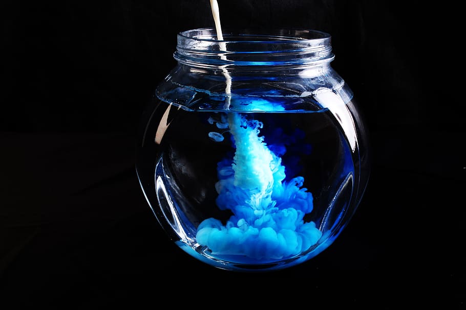 milk, ink, water, black background, studio shot, blue, glass - material