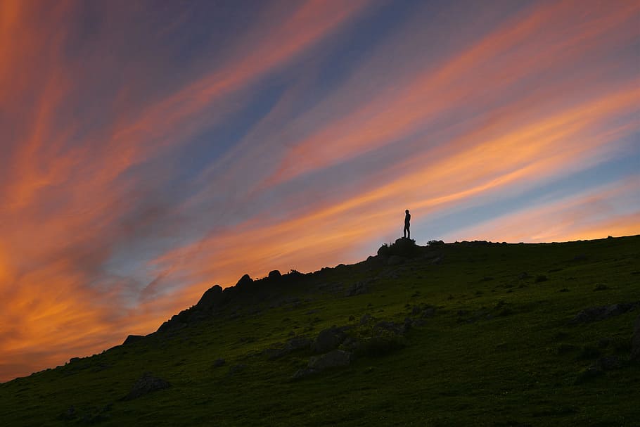 Person on Mountain, afterglow, clouds, dawn, dusk, environment HD wallpaper