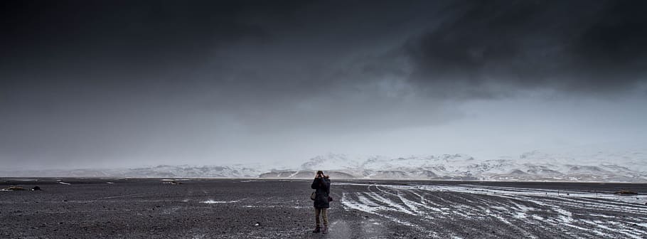black, clouds, gray, men, mountains, snow, white, winter, one person HD wallpaper