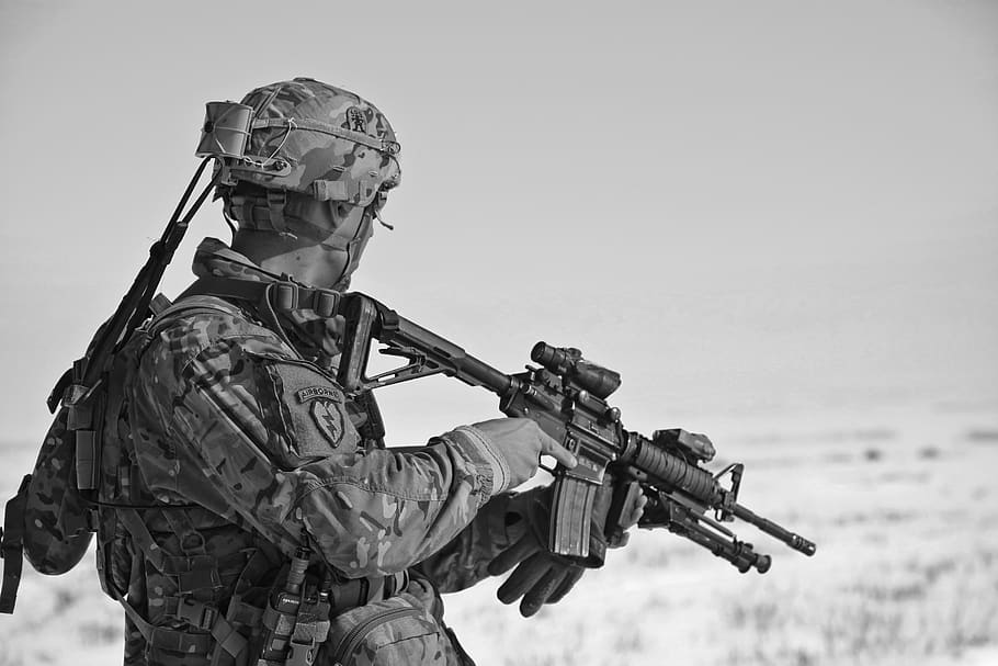 Soldier Aiming Rifle, army, black-and-white, gun, help, military