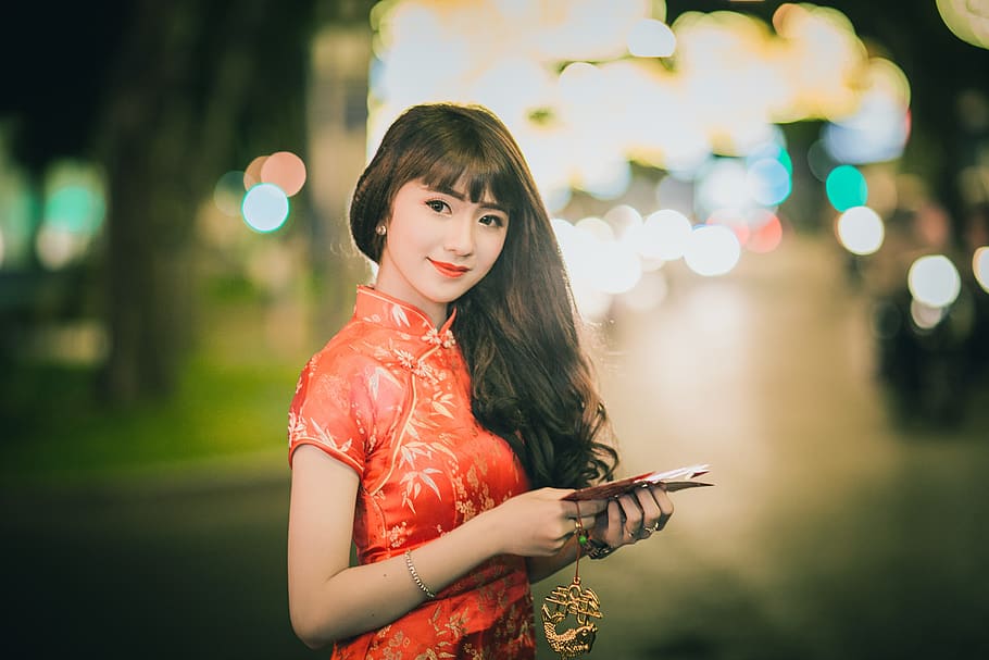 Woman Wearing Red and Brown Chinese Dress, adult, beautiful, blur, HD wallpaper