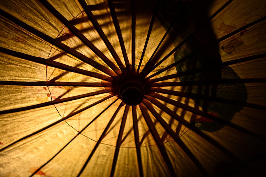 night, umbrella, structure, design, light, wood, dark, shadow HD wallpaper