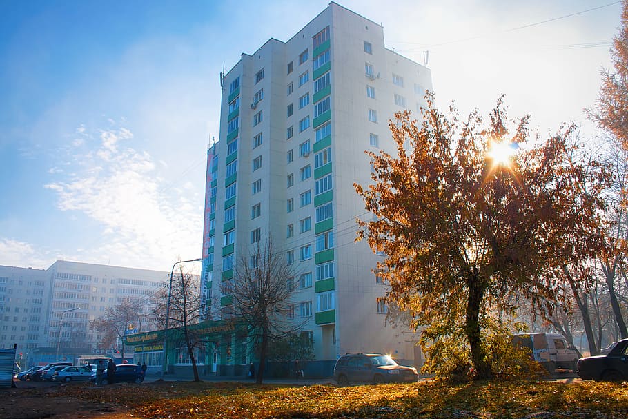 city, cloud, construction, house, sky, sun, tree, fog, blue HD wallpaper