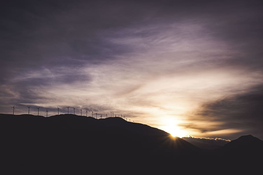 nature, landscape, mountain, windmill, turbine, shadow, silhouette HD wallpaper