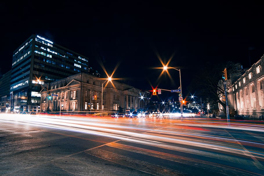 asphalt road night view, city, illuminated, long exposure, street HD wallpaper
