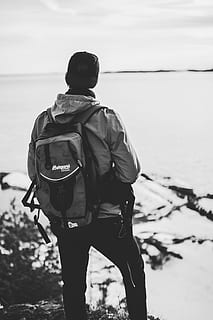 Grayscale Photo of Man Wearing Windsor and Backpack, action, adult HD wallpaper