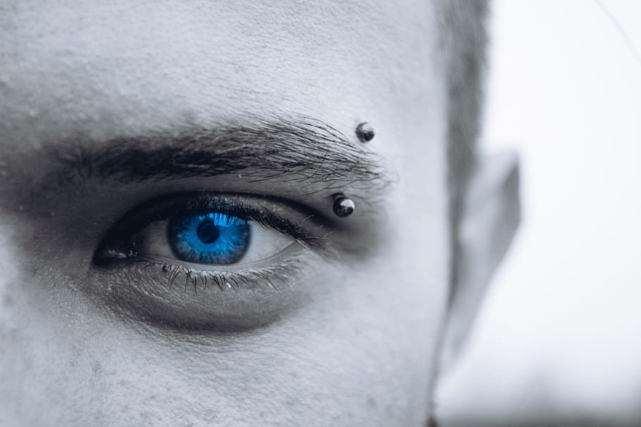 selective photo of man's blue eye, face, portrait, piercing, model, HD wallpaper