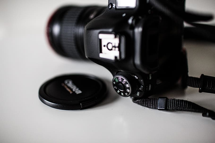 black DSLR camera, electronics, strap, lens cap, digital camera, HD wallpaper