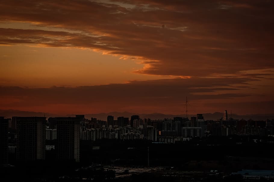 high rise building, nature, outdoors, dusk, dawn, red sky, sunset HD wallpaper