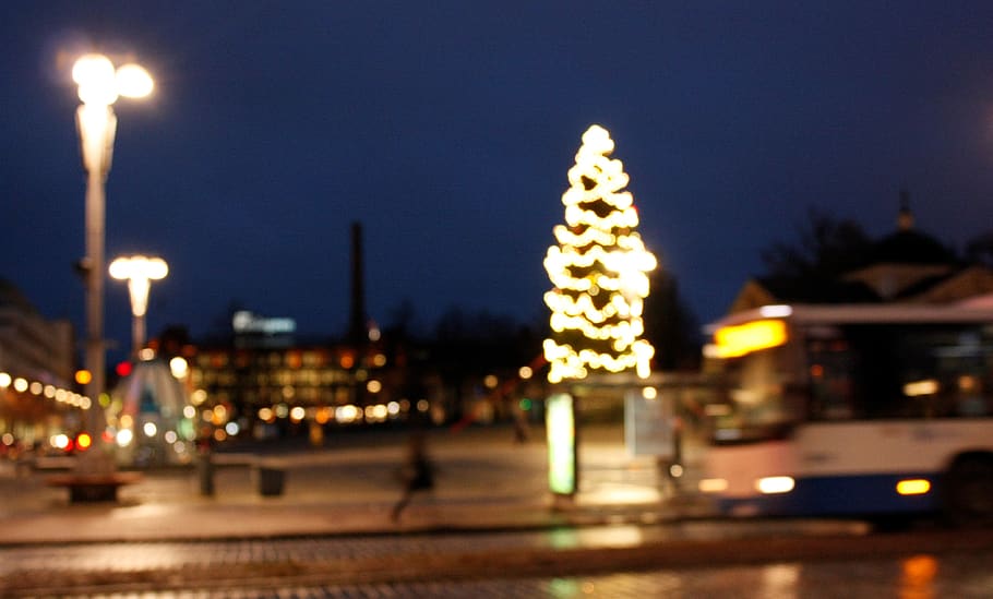 suomi, tampere, tree, lights, dark, night, christmas, traffic HD wallpaper