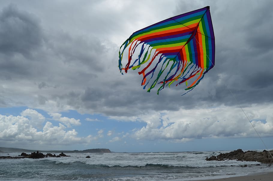 kite, sea, wind, cloudy, sea storm, bad weather, beach, flight HD wallpaper