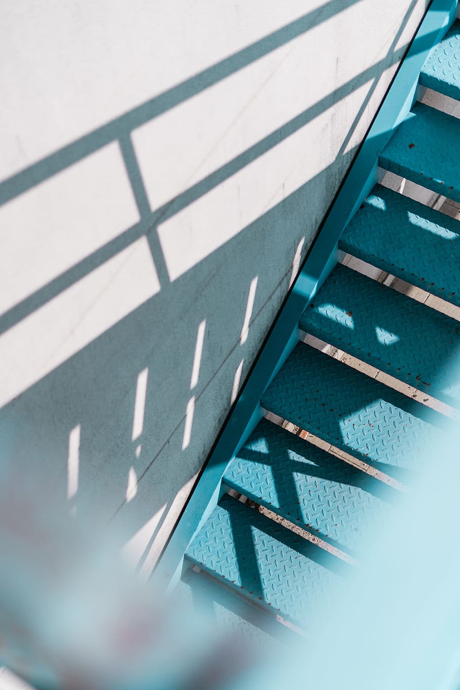 step, stair, shadow, sunlight, pattern, urban, concrete, teal HD wallpaper
