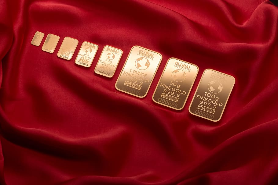 Assorted-weight Gold-colored Gold Plated Bars, bank, commerce HD wallpaper