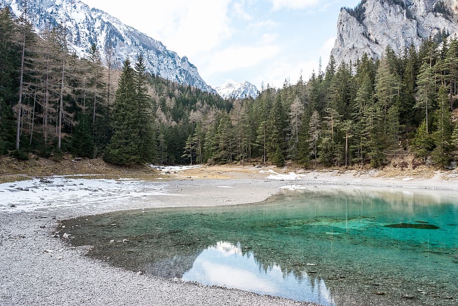 pine trees below the mountains, beauty in nature, water, scenics - nature HD wallpaper