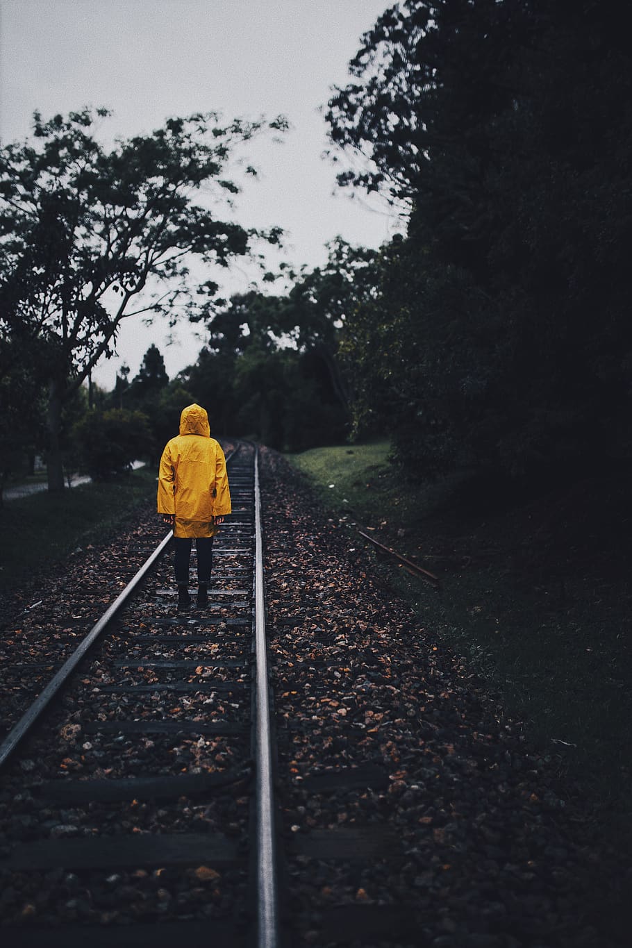 Person Standing on Train Rail, clouds, dark clouds, daylight, HD wallpaper