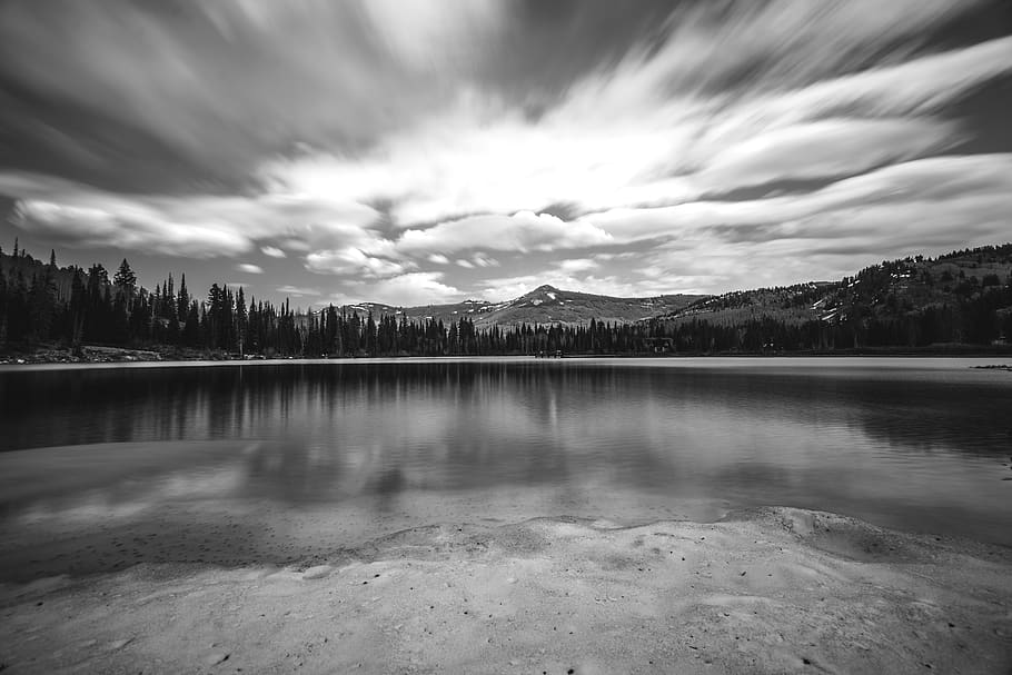 trees, lake, forest, clouds, bandw, black and white, utah, mountains HD wallpaper