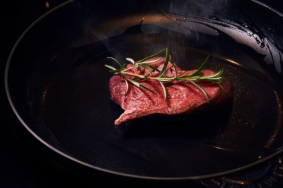 meat, beef, raw, pan, cast iron, rosemary, beef steak, food HD wallpaper