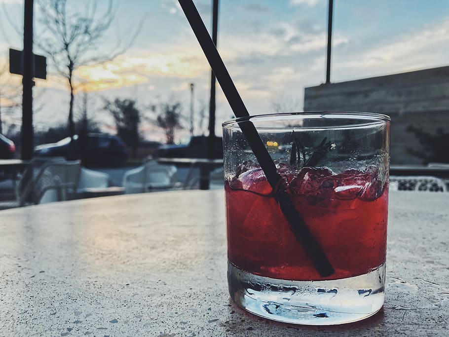 drink, happy hour, sunset, glass, straw, focus on foreground HD wallpaper