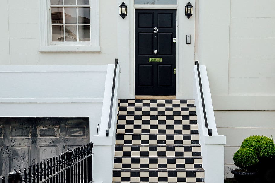 architecture, white, house, structure, design, stairs, door HD wallpaper