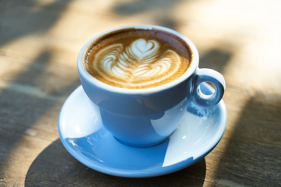 Latte in White Ceramic Mug With Saucer, beverage, blue, brown HD wallpaper