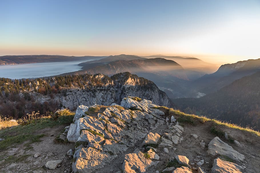 Rock Mountain Under Cloudy Sky, blue sky, clear sky, clouds, dawn HD wallpaper