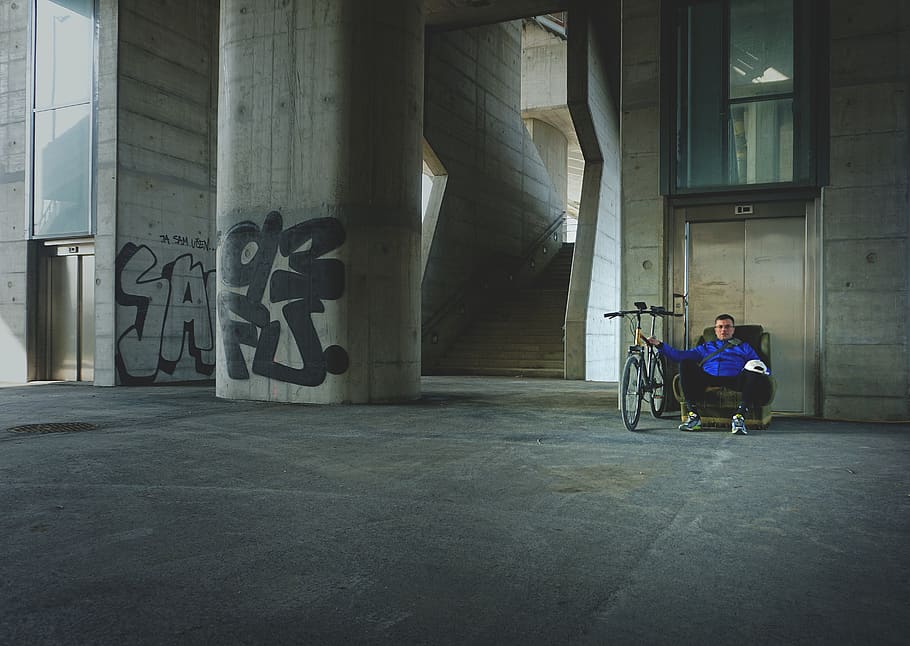 man, with, bicycle, stairs, lift, chair, seat, architecture HD wallpaper