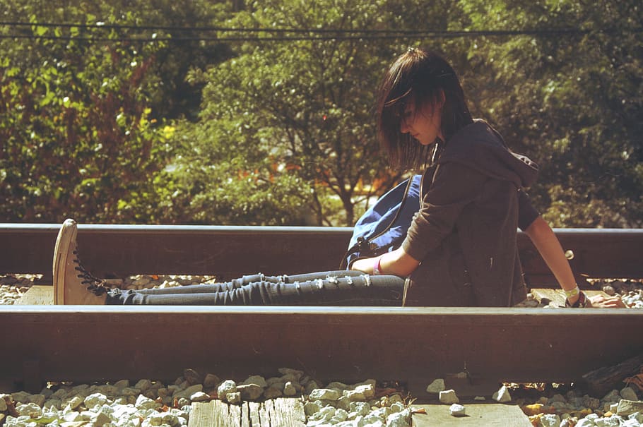 person, train, train track, portrait, people, plant, one person HD wallpaper