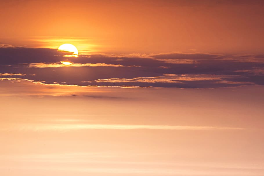 orange sun behind clouds, sky, sunset, sunrise, cloudscape, nature HD wallpaper