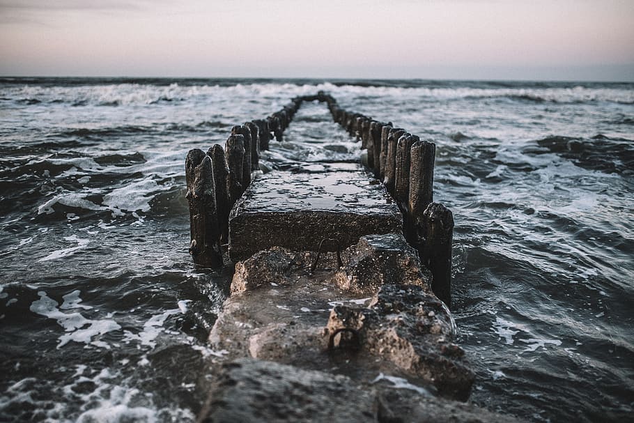 destructed, dock, sea, water, river, waves, tides, motion, sky HD wallpaper