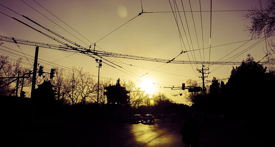 scene, sky, cable, sunset, electricity, silhouette, power line HD wallpaper