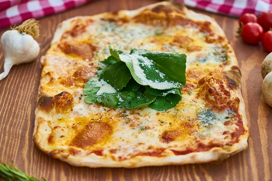 Pizza With Bacon Toppings, background, basil, cheese, close-up HD wallpaper