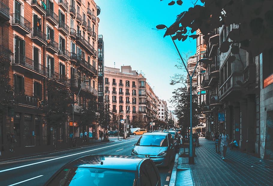 parked vehicles, human, person, path, city, road, street, metropolis HD wallpaper