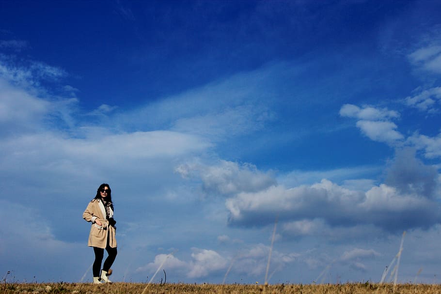 cloud - sky, one person, standing, nature, full length, adult HD wallpaper