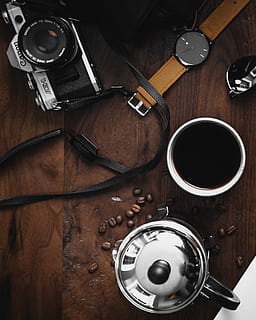 Flat Lay Photography of a Camera, Coffee Mug and Wristwatch, analog HD wallpaper