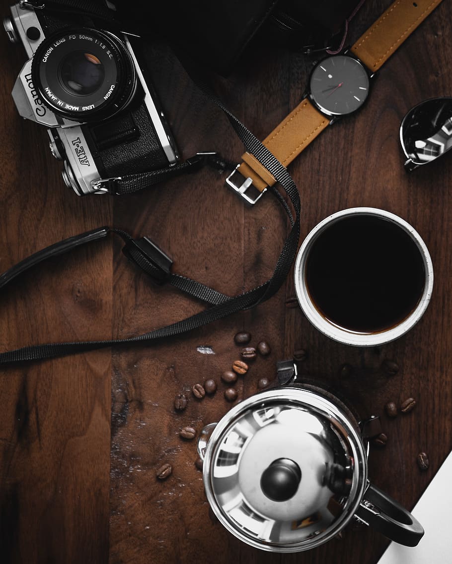 Flat Lay Photography of a Camera, Coffee Mug and Wristwatch, analog HD wallpaper