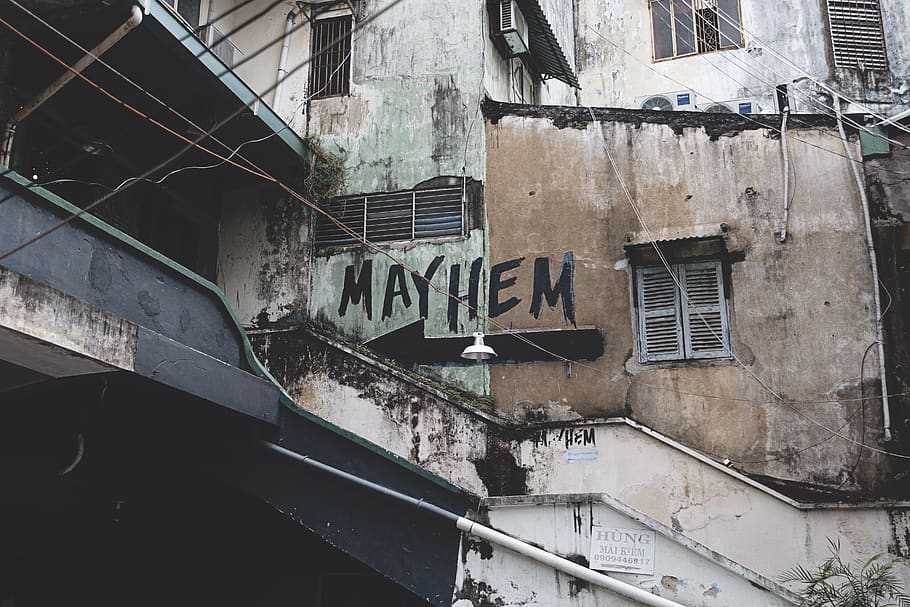gray wall with Mayhem text, built structure, architecture, building exterior HD wallpaper