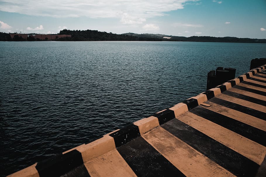 Black And Yellow Dock Near Body Of Water, ocean, sea, beauty in nature HD wallpaper