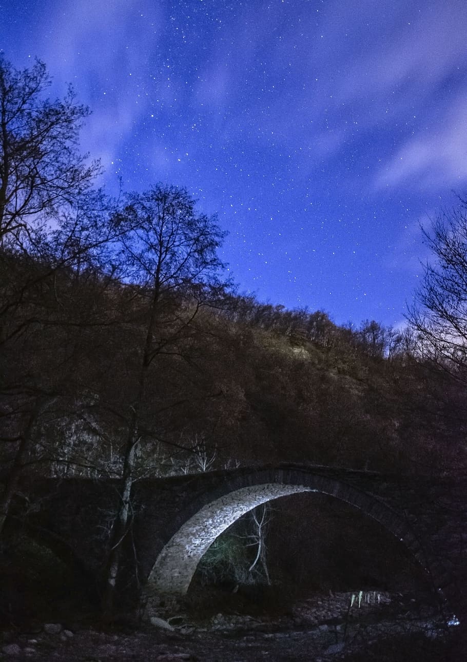 Gray Concrete Bridge Near Trees, ancient bridge, dark, dawn, dusk HD wallpaper
