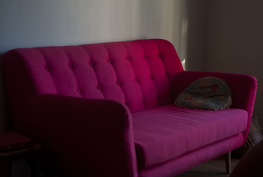 sofa, red, texture, lights, evening, room, decorative, furniture HD wallpaper