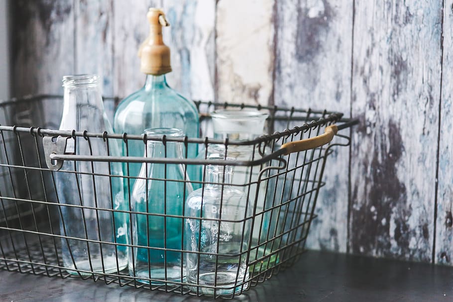 Vintage empty bottles in metal basket, close-up, container, glass HD wallpaper