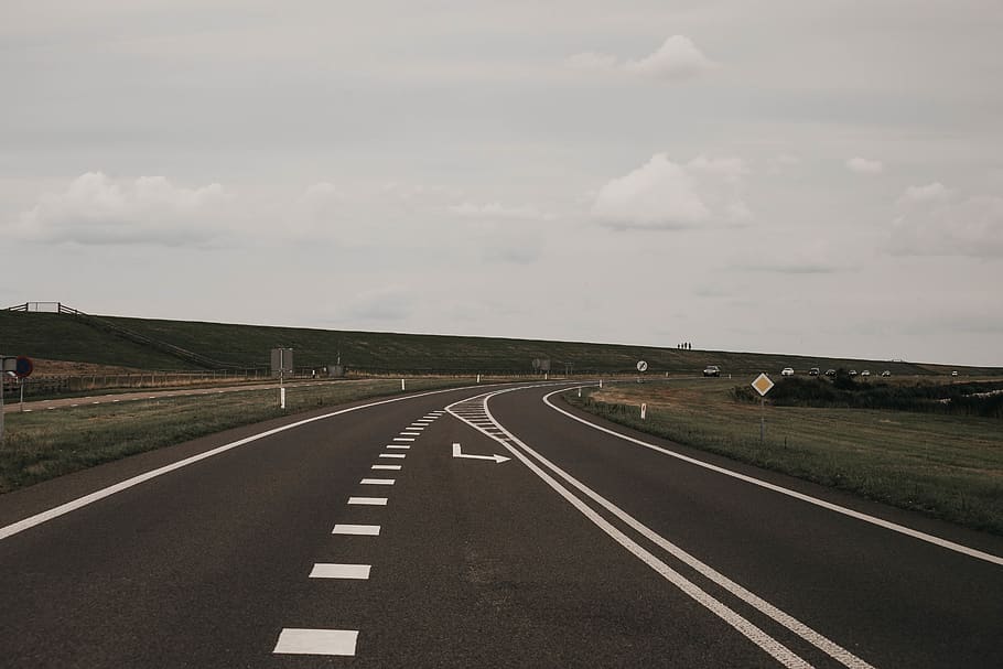 road, sky, clouds, grass, cloudy, transportation, direction HD wallpaper