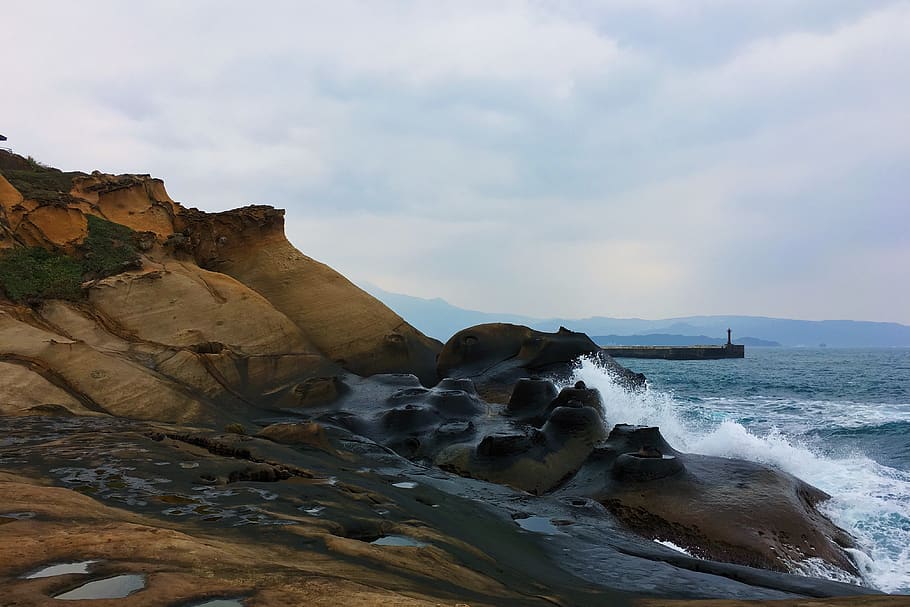 taiwan, yehliu geopark, wave, coast, lighthouse, sea, water, HD wallpaper