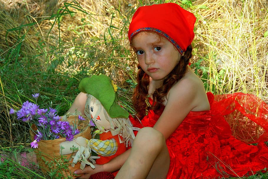 girl, human, activity, red, sit, sitting, child, plant, real people HD wallpaper