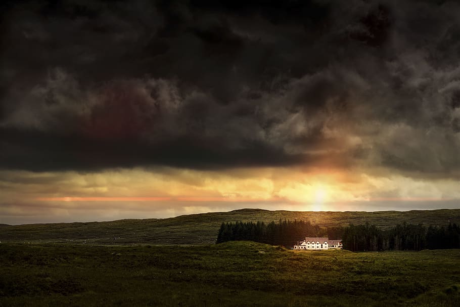 dark, sky, mountain, highland, landscape, green, grass, field HD wallpaper