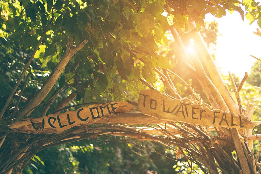 Welcome to Water Fall Wooden Signage at Daytimne, arch, branches HD wallpaper